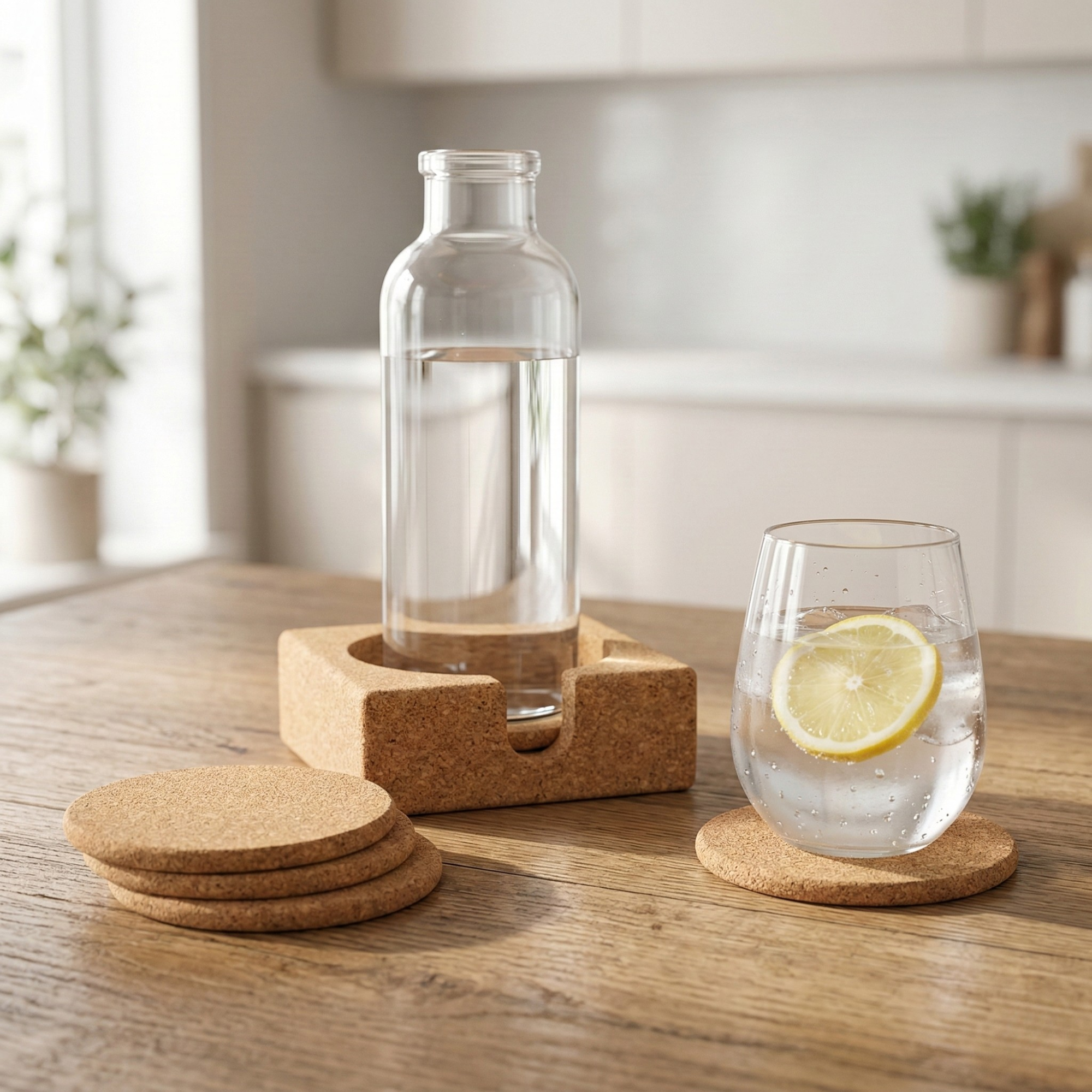 Conjunto de Bases para Copos Retangulares em Cortiça com Suporte | Natural - imagem de ambiente