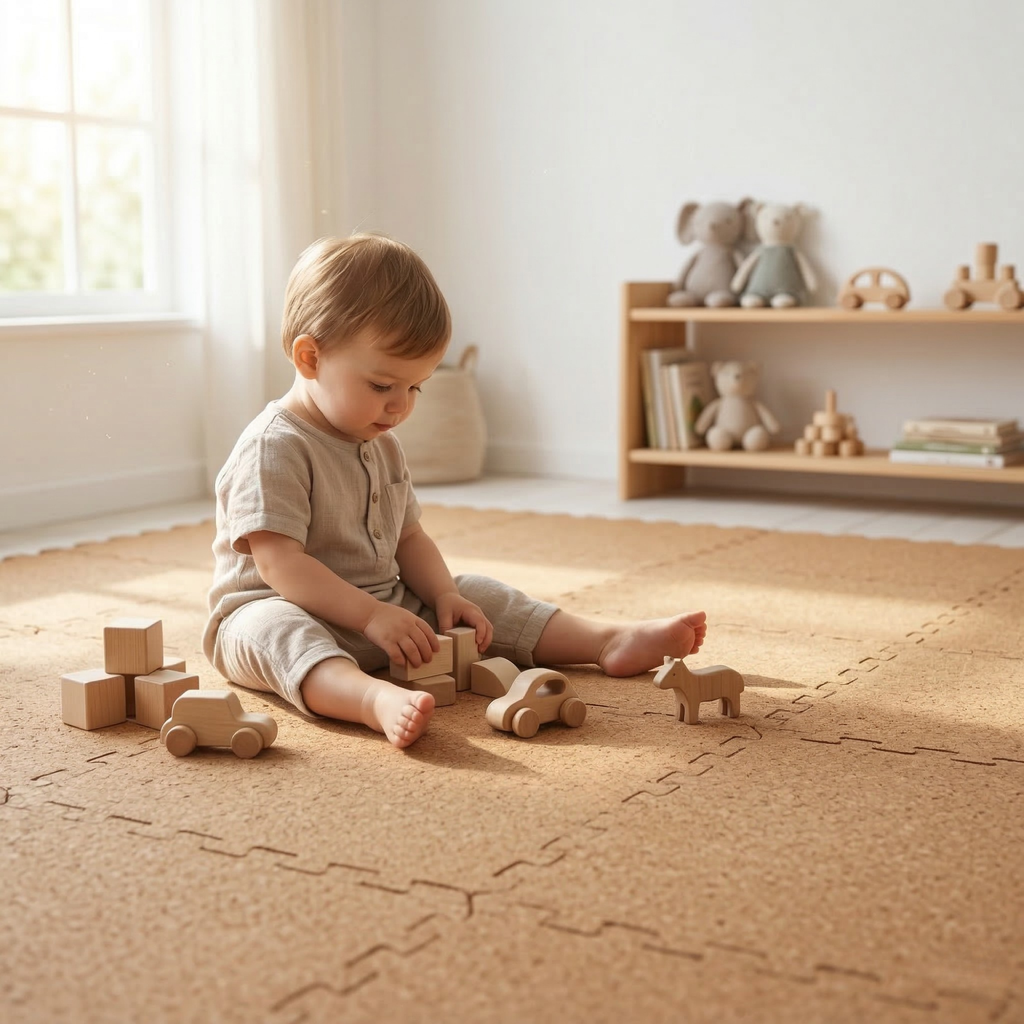 Placas modulares em cortiça natural com encaixe puzzle para pavimento