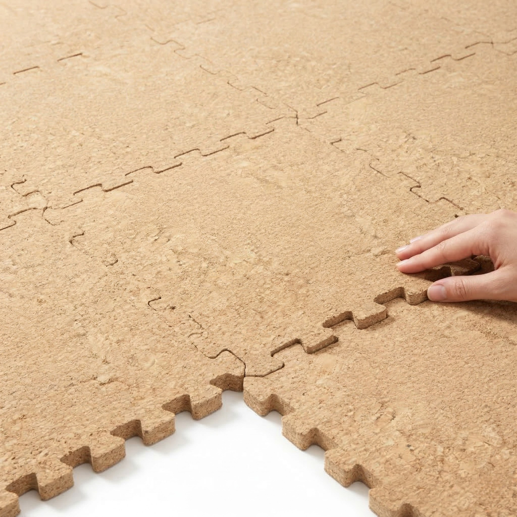 Placas modulares em cortiça natural com encaixe puzzle para pavimento