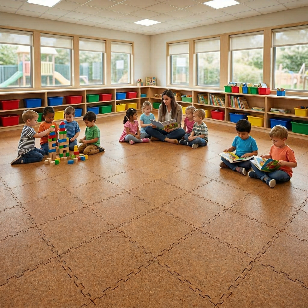 Placas modulares em cortiça natural com encaixe puzzle para pavimento