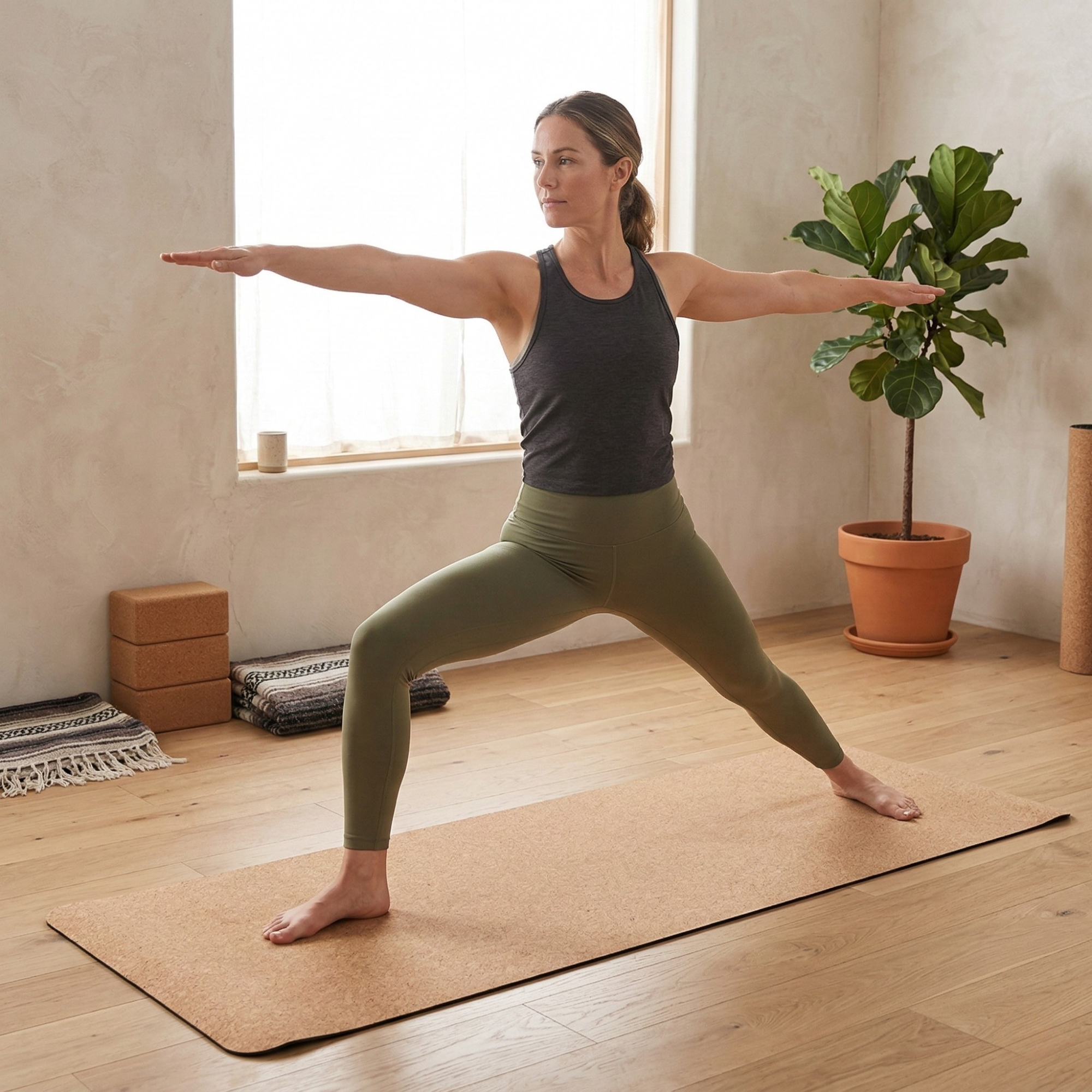 Tapete de Yoga em Cortiça 4 mm com Base em Borracha Natural | 1830 x 650 mm - imagem de ambiente