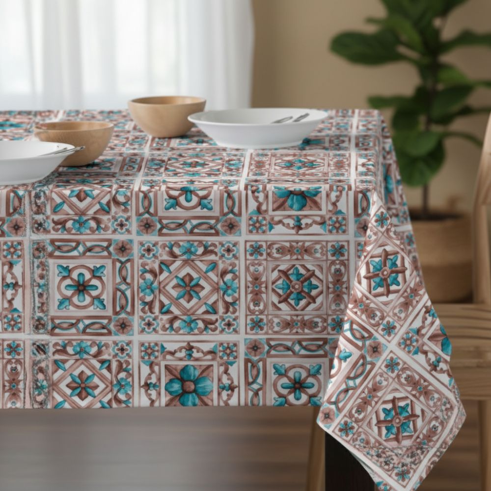 Toalha de Mesa Anti-Manchas Orla4U em Algodão e Poliéster 140x140 cm Azulejo Turquesa